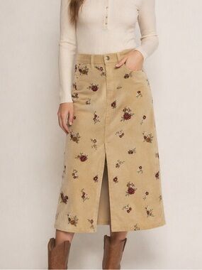 Driftwood Piper floral embroidered corduroy midi skirt NWT